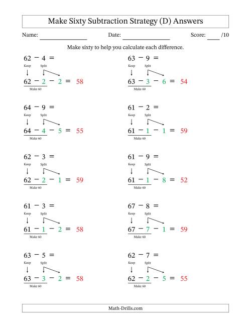 The Make Sixty Subtraction Strategy (D) Math Worksheet Page 2