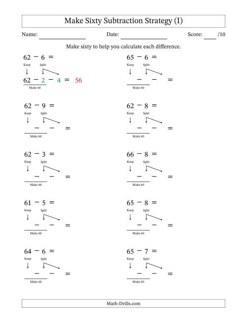 The Make Sixty Subtraction Strategy (I) Math Worksheet