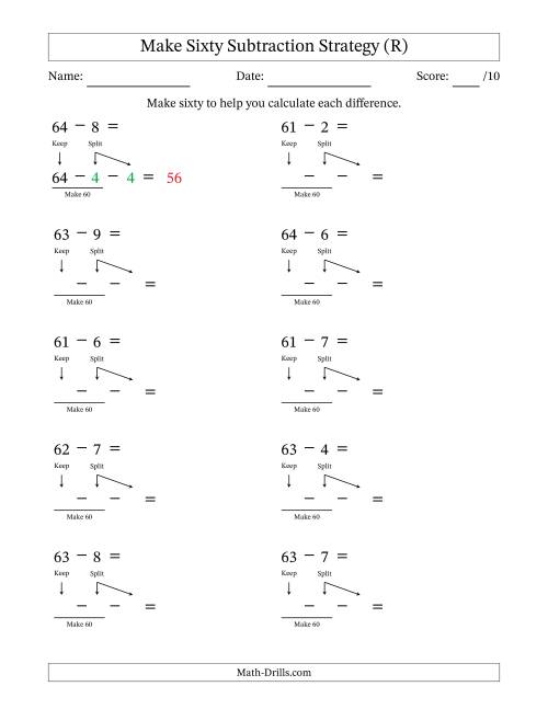 The Make Sixty Subtraction Strategy (R) Math Worksheet