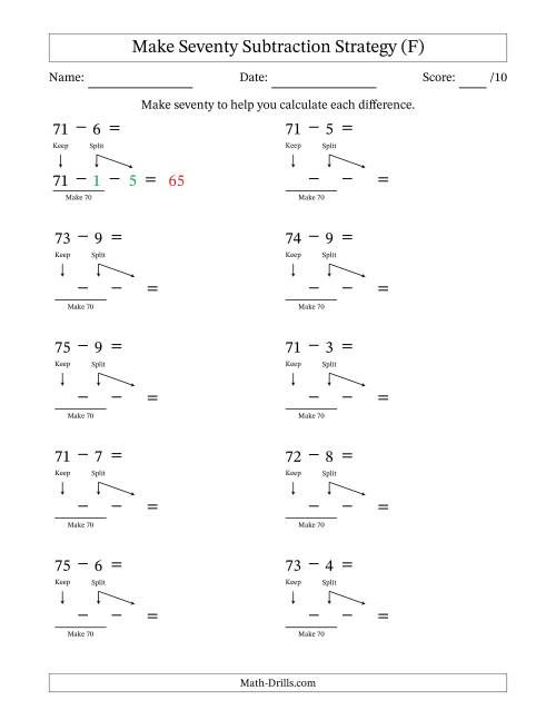 The Make Seventy Subtraction Strategy (F) Math Worksheet