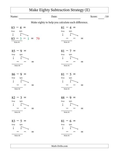 The Make Eighty Subtraction Strategy (E) Math Worksheet