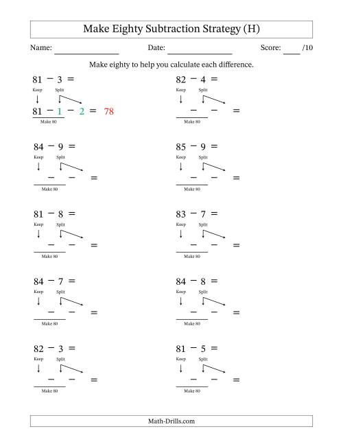 The Make Eighty Subtraction Strategy (H) Math Worksheet