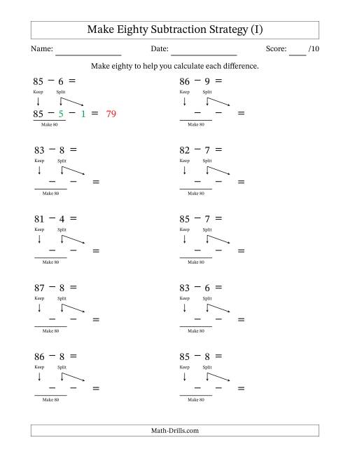 The Make Eighty Subtraction Strategy (I) Math Worksheet