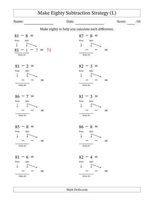 The Make Eighty Subtraction Strategy (L) Math Worksheet