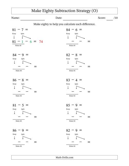 The Make Eighty Subtraction Strategy (O) Math Worksheet