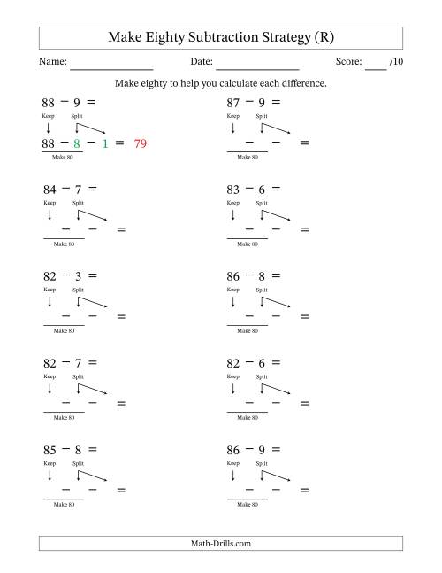 The Make Eighty Subtraction Strategy (R) Math Worksheet