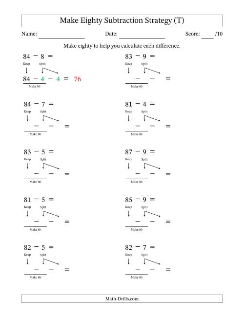 The Make Eighty Subtraction Strategy (T) Math Worksheet
