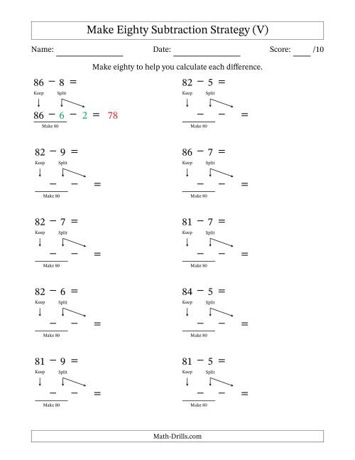 The Make Eighty Subtraction Strategy (V) Math Worksheet