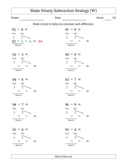 The Make Ninety Subtraction Strategy (W) Math Worksheet