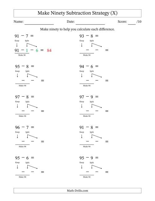 The Make Ninety Subtraction Strategy (X) Math Worksheet