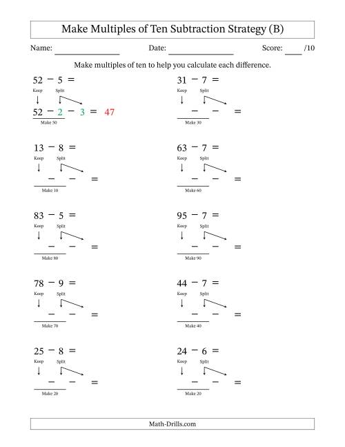 The Make Multiples of Ten Subtraction Strategy (B) Math Worksheet