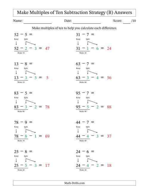 The Make Multiples of Ten Subtraction Strategy (B) Math Worksheet Page 2