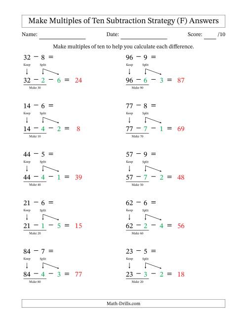 The Make Multiples of Ten Subtraction Strategy (F) Math Worksheet Page 2