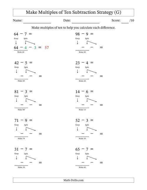 The Make Multiples of Ten Subtraction Strategy (G) Math Worksheet