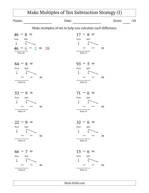 The Make Multiples of Ten Subtraction Strategy (I) Math Worksheet