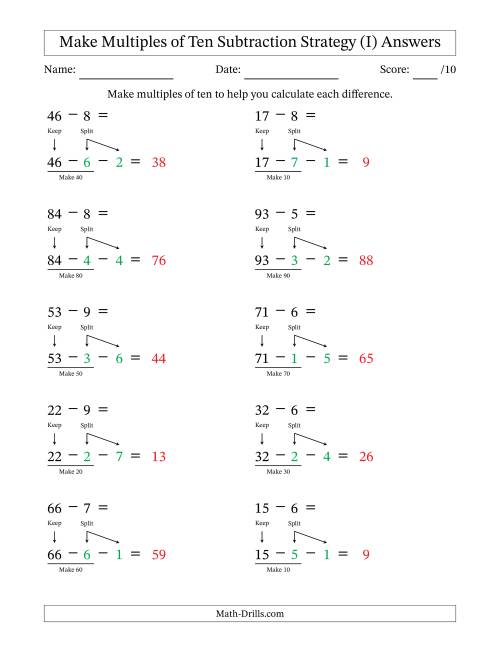 The Make Multiples of Ten Subtraction Strategy (I) Math Worksheet Page 2