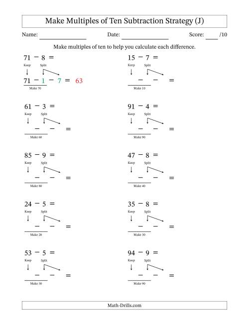 The Make Multiples of Ten Subtraction Strategy (J) Math Worksheet