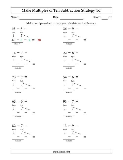 The Make Multiples of Ten Subtraction Strategy (K) Math Worksheet