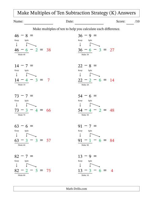 The Make Multiples of Ten Subtraction Strategy (K) Math Worksheet Page 2