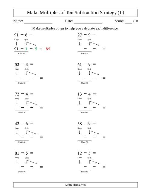 The Make Multiples of Ten Subtraction Strategy (L) Math Worksheet