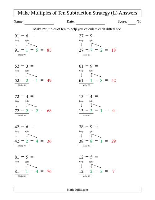 The Make Multiples of Ten Subtraction Strategy (L) Math Worksheet Page 2