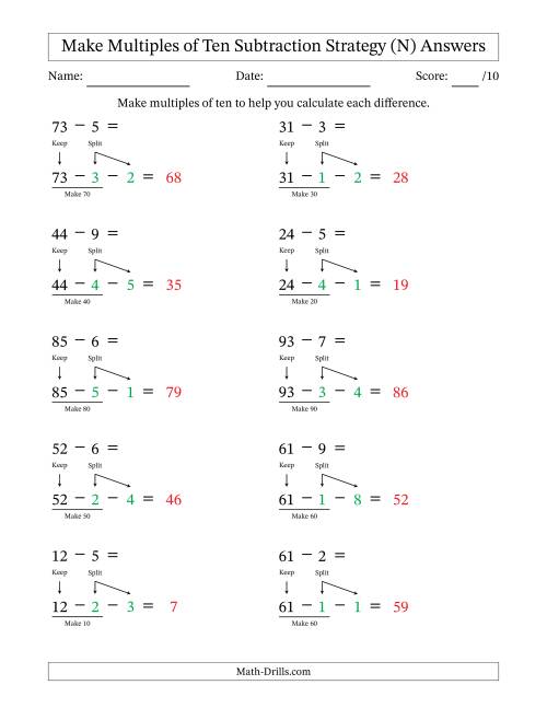 The Make Multiples of Ten Subtraction Strategy (N) Math Worksheet Page 2