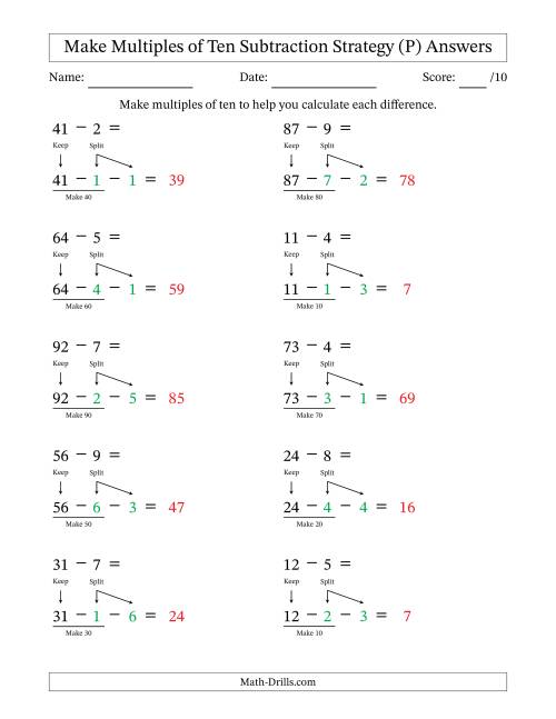 The Make Multiples of Ten Subtraction Strategy (P) Math Worksheet Page 2