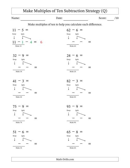 The Make Multiples of Ten Subtraction Strategy (Q) Math Worksheet