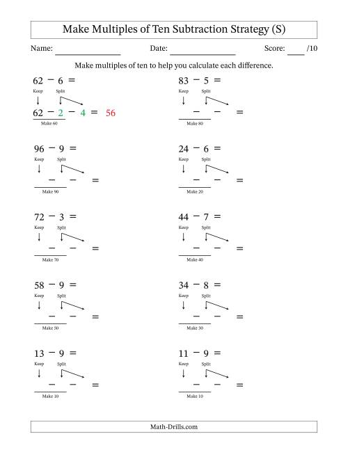 The Make Multiples of Ten Subtraction Strategy (S) Math Worksheet