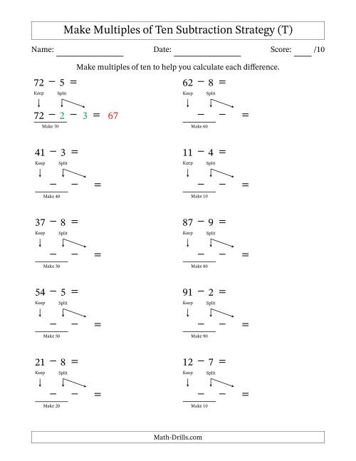 The Make Multiples of Ten Subtraction Strategy (T) Math Worksheet