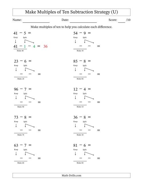 The Make Multiples of Ten Subtraction Strategy (U) Math Worksheet