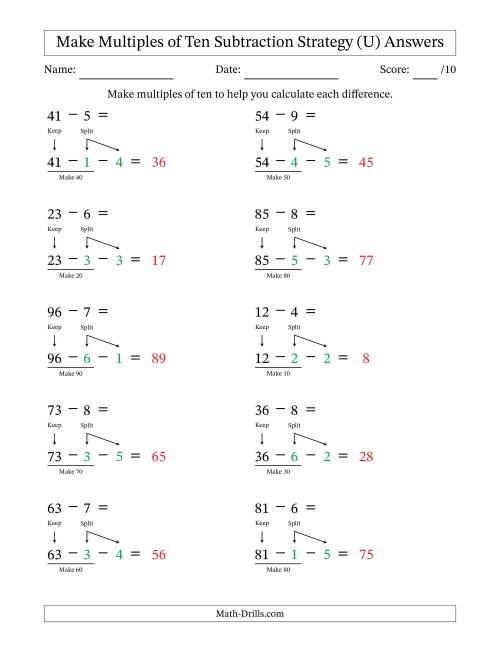 The Make Multiples of Ten Subtraction Strategy (U) Math Worksheet Page 2
