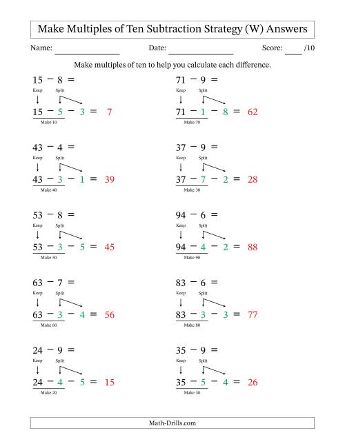 The Make Multiples of Ten Subtraction Strategy (W) Math Worksheet Page 2