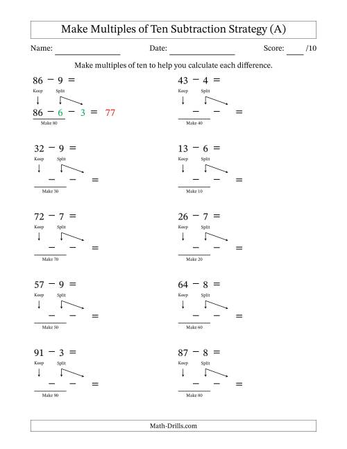 The Make Multiples of Ten Subtraction Strategy (All) Math Worksheet
