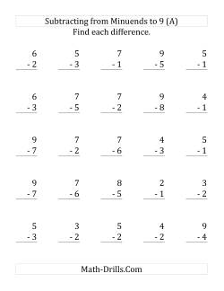 25 Subtraction Questions with Minuends up to 9