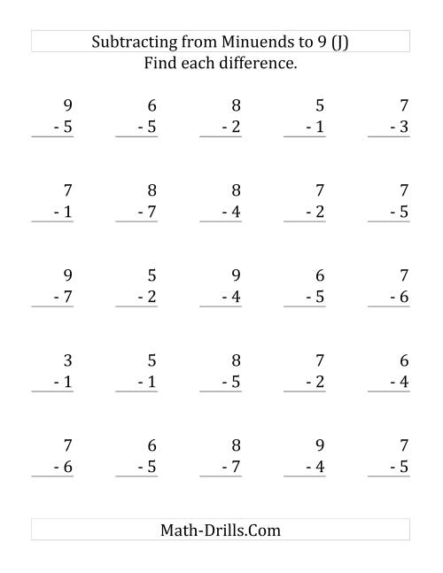 25 Subtraction Questions with Minuends up to 9 (J)