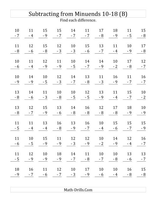 The 100 Subtraction Questions with Minuends From 10 to 18 (B) Math Worksheet