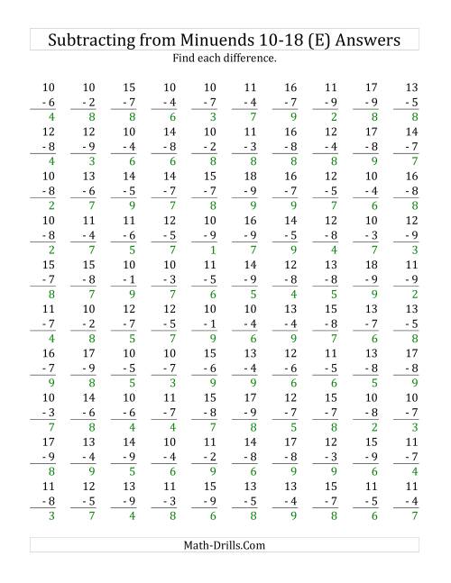 The 100 Subtraction Questions with Minuends From 10 to 18 (E) Math Worksheet Page 2
