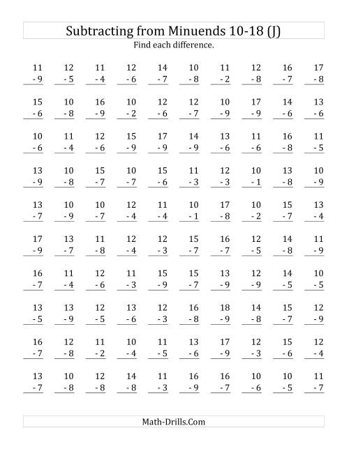 The 100 Subtraction Questions with Minuends From 10 to 18 (J) Math Worksheet