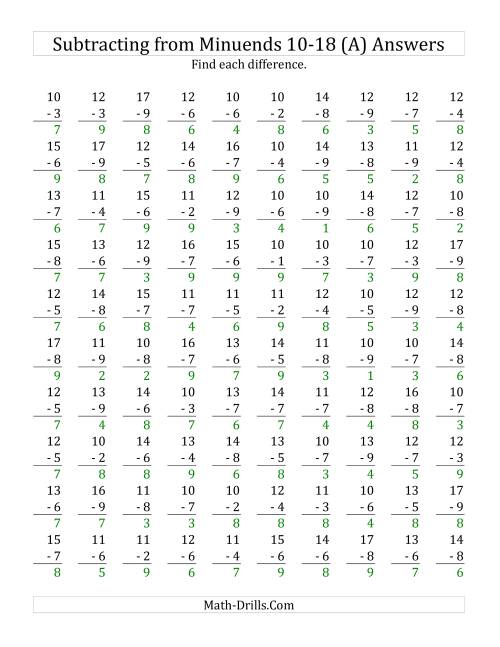 The 100 Subtraction Questions with Minuends From 10 to 18 (All) Math Worksheet Page 2