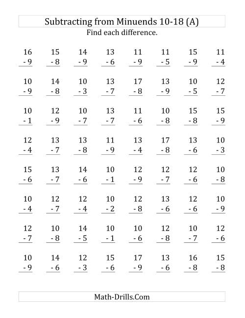 The 64 Subtraction Questions with Minuends From 10 to 18 (A) Math Worksheet