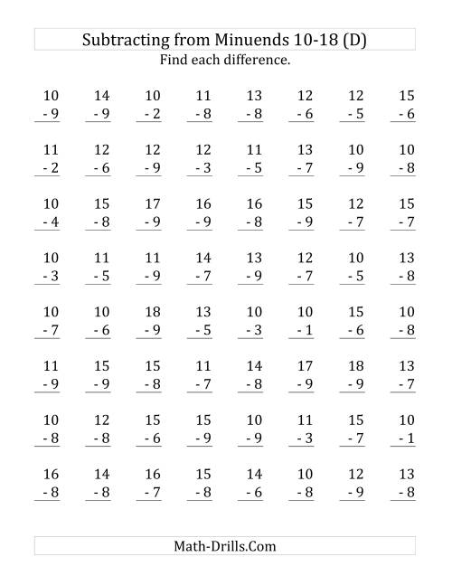 The 64 Subtraction Questions with Minuends From 10 to 18 (D) Math Worksheet