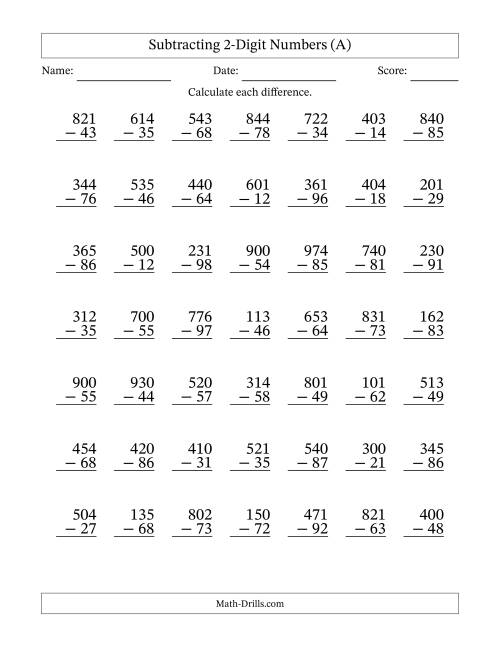 Subtracting 2 Digit Numbers With All Regrouping A 