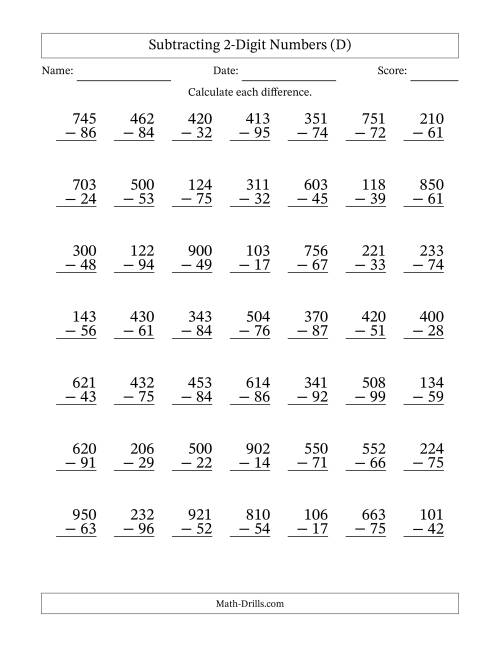 The Subtracting 2-Digit Numbers With All Regrouping (49 Questions) (D) Math Worksheet