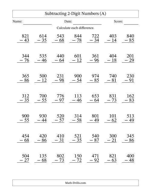 The Subtracting 2-Digit Numbers With All Regrouping (49 Questions) (All) Math Worksheet