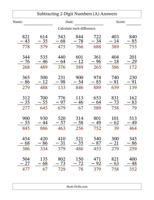 The Subtracting 2-Digit Numbers With All Regrouping (49 Questions) (All) Math Worksheet Page 2