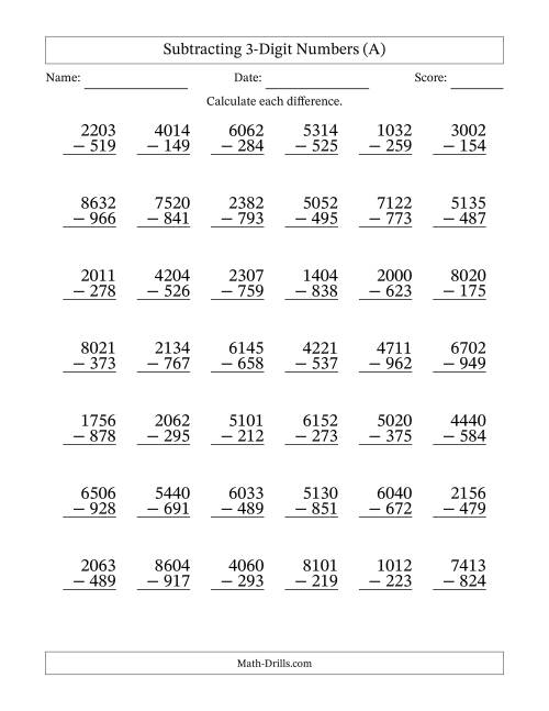 The Subtracting 3-Digit Numbers With All Regrouping (42 Questions) (A) Math Worksheet