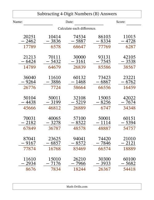 The Subtracting 4-Digit Numbers With All Regrouping (35 Questions) (B) Math Worksheet Page 2
