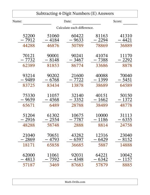 The Subtracting 4-Digit Numbers With All Regrouping (35 Questions) (E) Math Worksheet Page 2