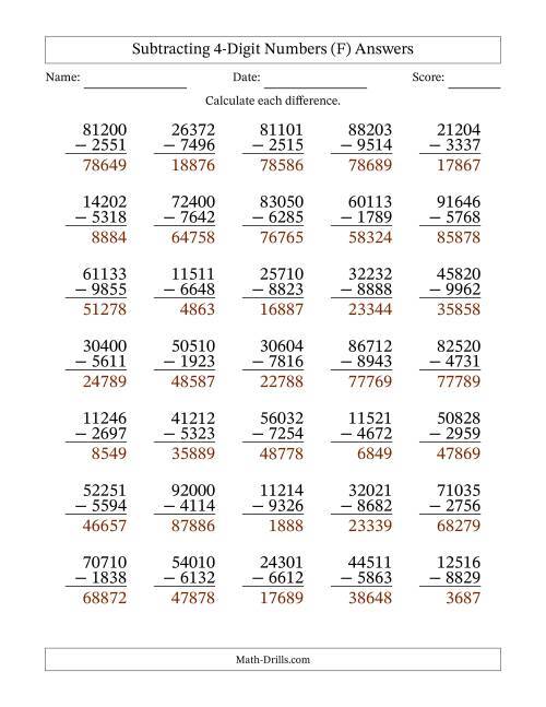 The Subtracting 4-Digit Numbers With All Regrouping (35 Questions) (F) Math Worksheet Page 2